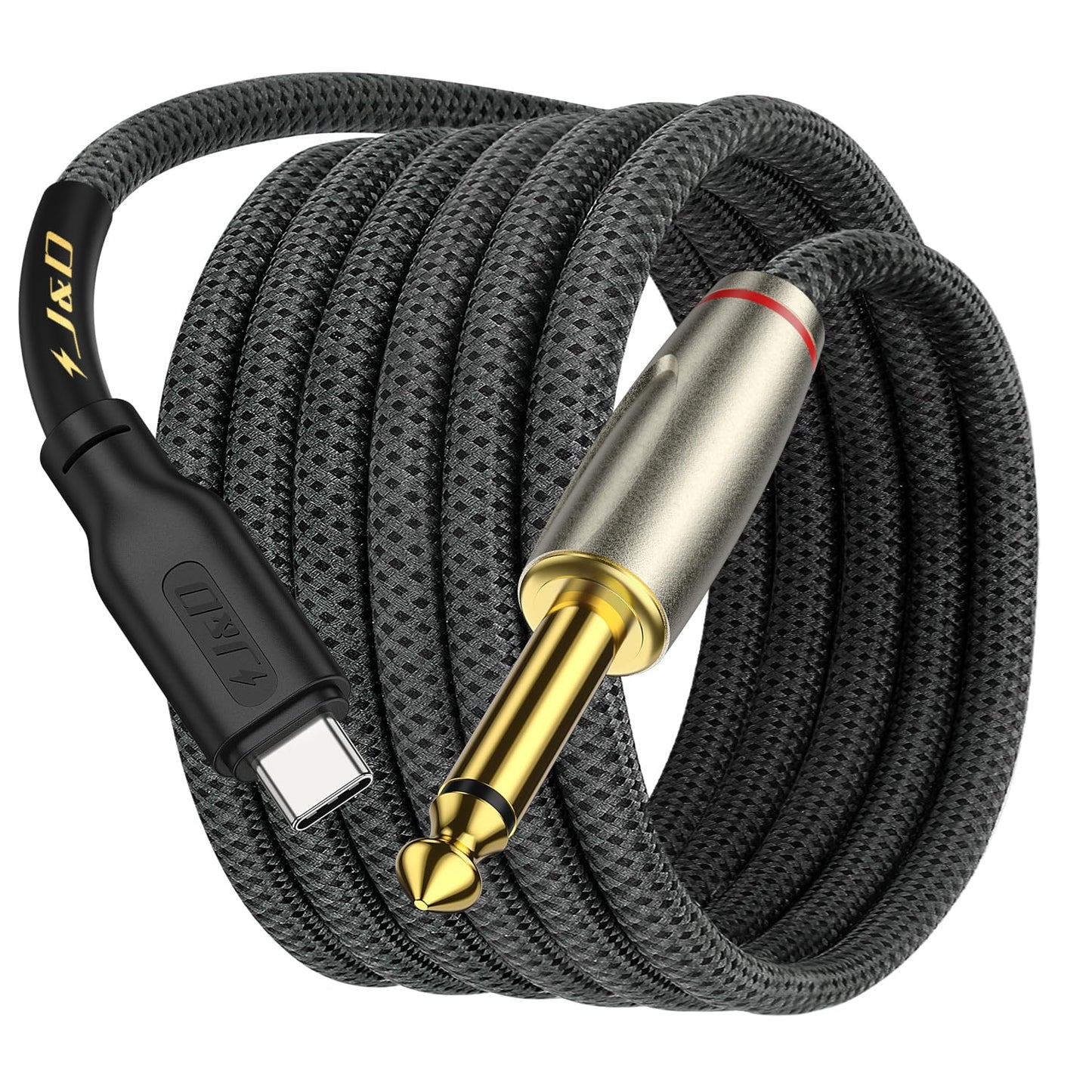 J&D USB Type C to 6.35mm 1/4 inch TS Male Audio Mono Interconnect Aux Adapter Cable Compatible with iPhone 16/17 Series Gold Plated Braided Audio Cable, 6.6 Feet/2 Meter