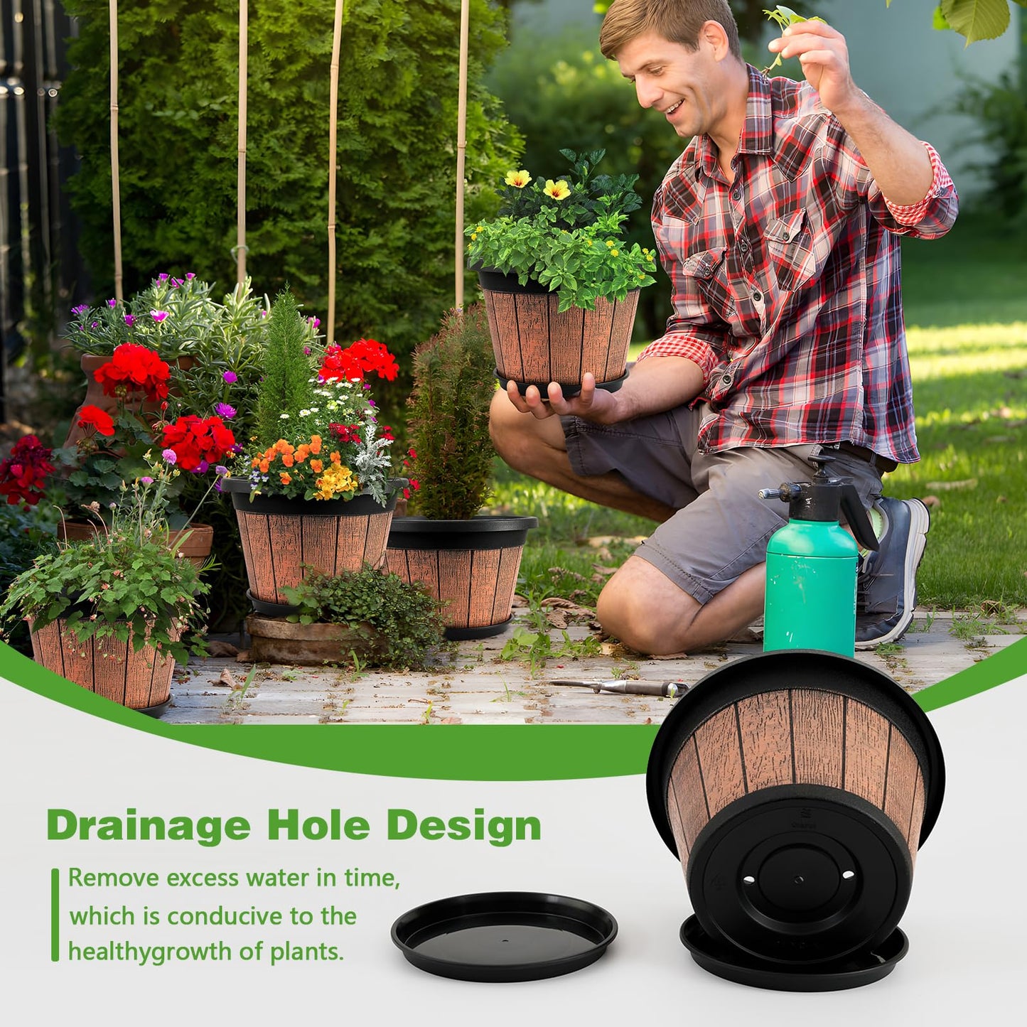 Quarut 4 Pack 10 inch Plant Pots,Whiskey Barrel Planters with Drainage Holes & Saucer,Plastic Decoration Flower Pots Retro Design,Planters for Outdoor Indoor Garden Home Plants (Brown)