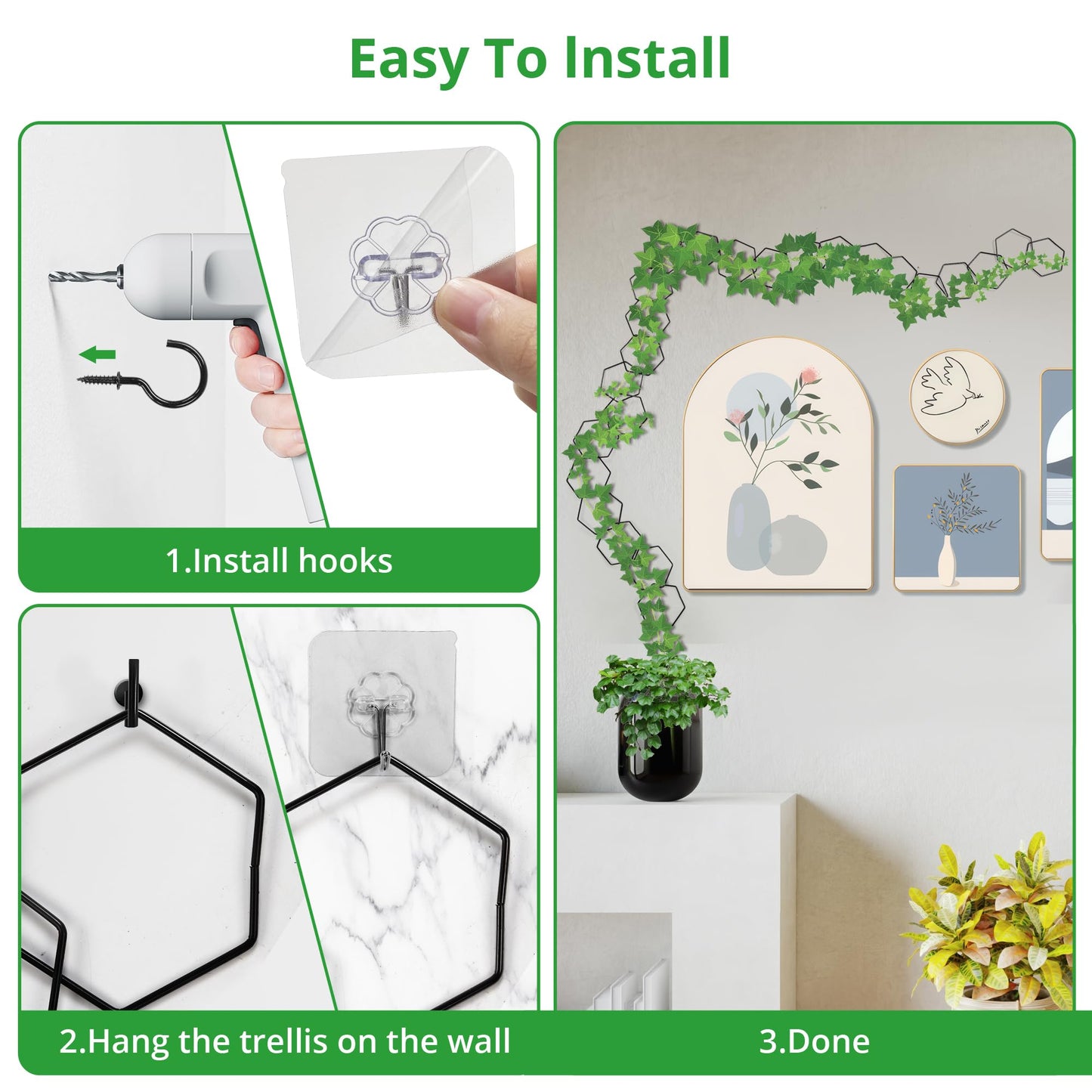 24 Pcs Chain Trellis for Climbing Plants, 120 in Long Metal Plant Trellis Indoor Outdoor, Garden Wall Vine Support Trellis, Plant Accessories for Ivy, Peonies, Hexagonal Design Black