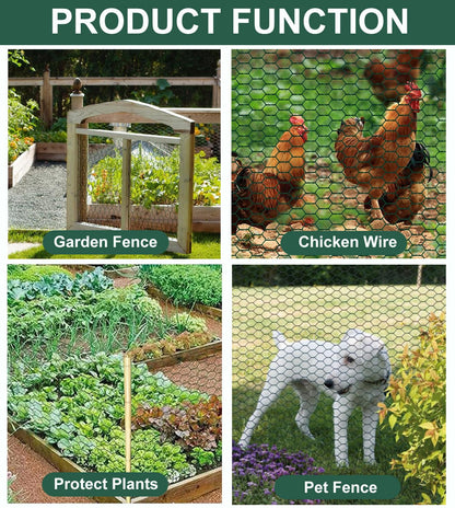 Chicken Wire for Floral Arrangements, 16 x 236 Inches Green Floral Chicken Wire Mesh, 0.6 Inch Hexagonal Galvanized PVC Coated Garden Mesh Netting Fence for Crafts Poultry Garden with 100pcs Ties