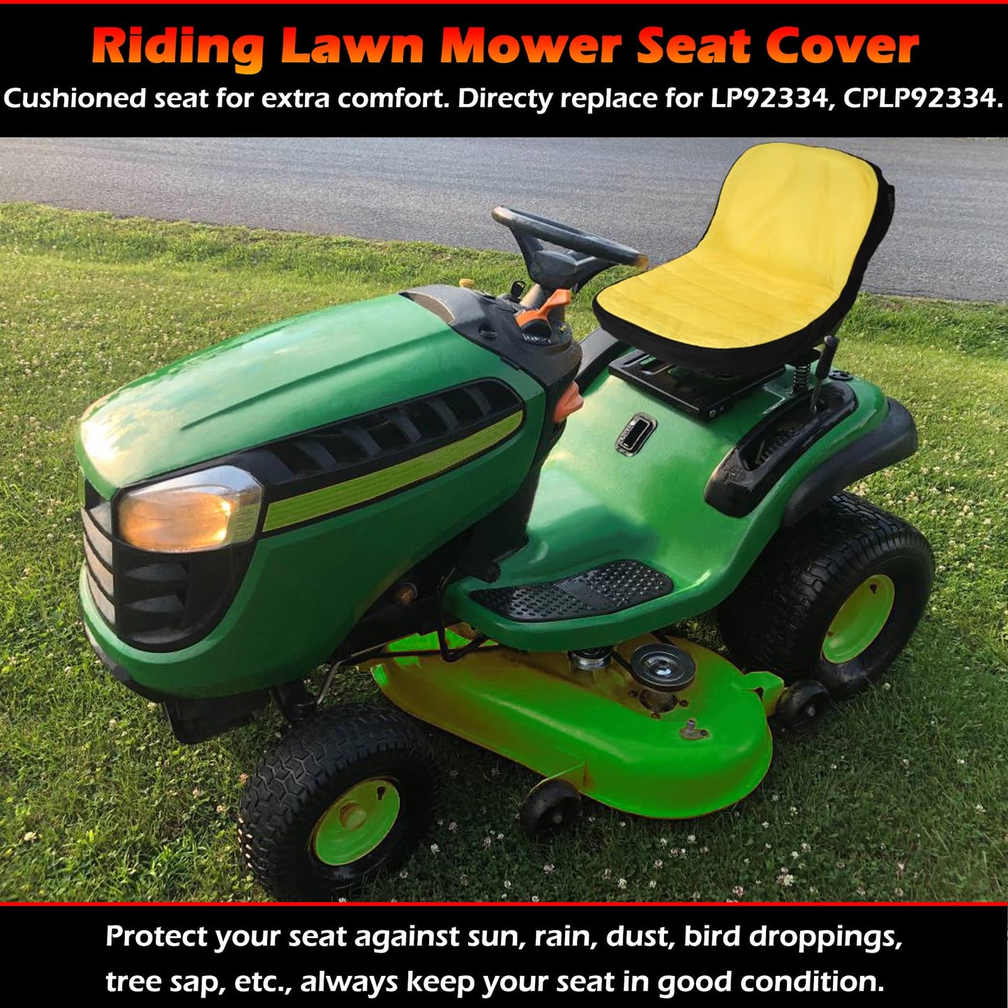 Upgrade Large Seat Cover LP92334, Riding Lawn Mower Cushioned Waterproof Seat Cover up to 18" High Perfectly Fits for John Deere Mower & Gator Seats, Comes with Convenient Storage Pouch