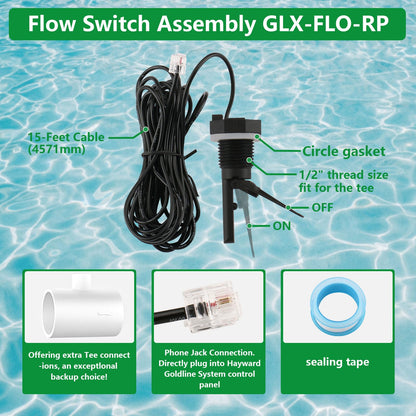 Wengart Flow Switch Assembly with 2-Inch Tee, Compatible with Hayward Goldline Aqua Rite Salt Chlorine Generator Systems, Replaces GLX-FLO-RP, 15ft Cable for In-ground Pools, Fixes No Flow Light