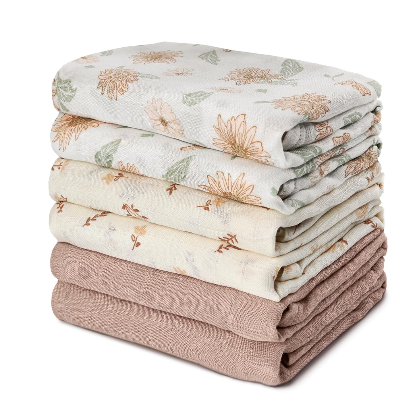 GLLQUEN BABY Receiving Blanket Boy Cotton Muslin Swaddle Blankets Girl Newborn Squares Breathable & Soft Thin Baby Blankets Cloths Double Absorbent Infant Swaddling Wrap - 6 Pack (Sunflower)