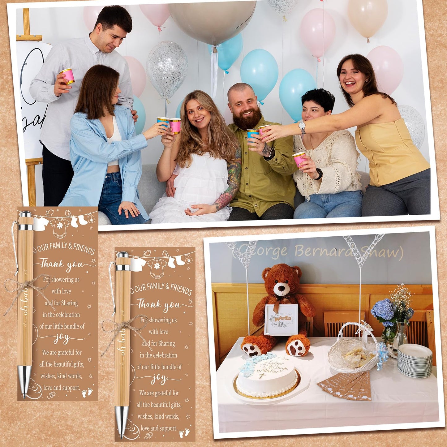 36 Sets Baby Shower Favors for Guests Bamboo Retractable Ballpoint Pens Thank You Cards with Hemp Rope for Gender Reveal Party Game Prizes Souvenirs (Baby Shower)