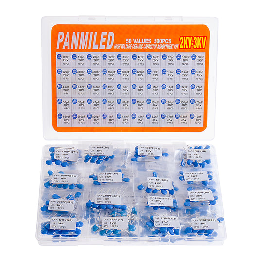 PANMILED 50 Values 500 Pieces High Voltage DIP Ceramic Capacitor Assortment Kit (Capacitor Range : 5pF~10nF) (2KV/2000V and 3KV/3000V)