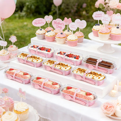 NPLUX 50 Pack Mini Cake Pans with Lids and Spoons Rectangular Aluminum Foil Baking Pans Mini Cheesecake Containers Mothers Day Gifts Party Favors(6.8oz)