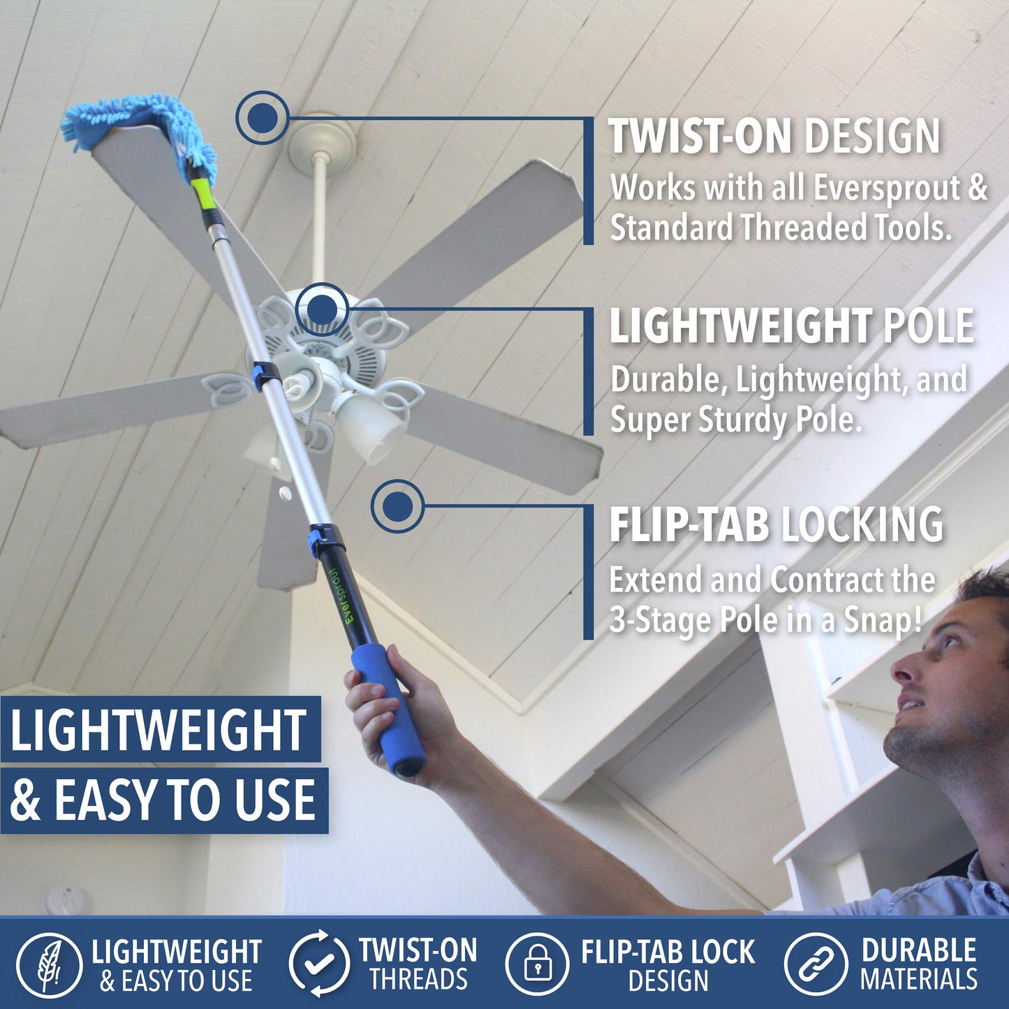 EVERSPROUT 1.5-to-3 Foot Telescopic Extension Pole (8-10 Foot Standing Reach) | Lightweight, Rust-Resistant Aluminum | 3/4” Thread Tip Works for Twist-On Squeegee, Duster, Paint Roller (Pole only)