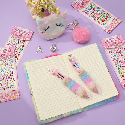 Unicorn Diary with Lock Key Fluffy Secret Notebook Travel Journal With Wallet Pen Stickers Bracelet Fluffy Keyring, Unicorn Toys Gifts for Girls Kids Birthday Christmas