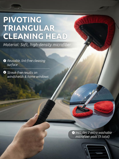 Windshield Window Cleaner Tool, Extendable Long-Reach Handle, Unique Pivoting Triangular Head, 3 Washable Reusable Microfiber Bonnets, Car & Home Inside Interior Exterior Use - Lint Free (Red)