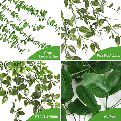 Artificial Hanging Plants 3Pcs Potted Greenery Decor - Grey Eucalyptus Mandala Snow Pea Vine in Pot Plants for Office Farmhouse Home Indoor Outdoor Decor