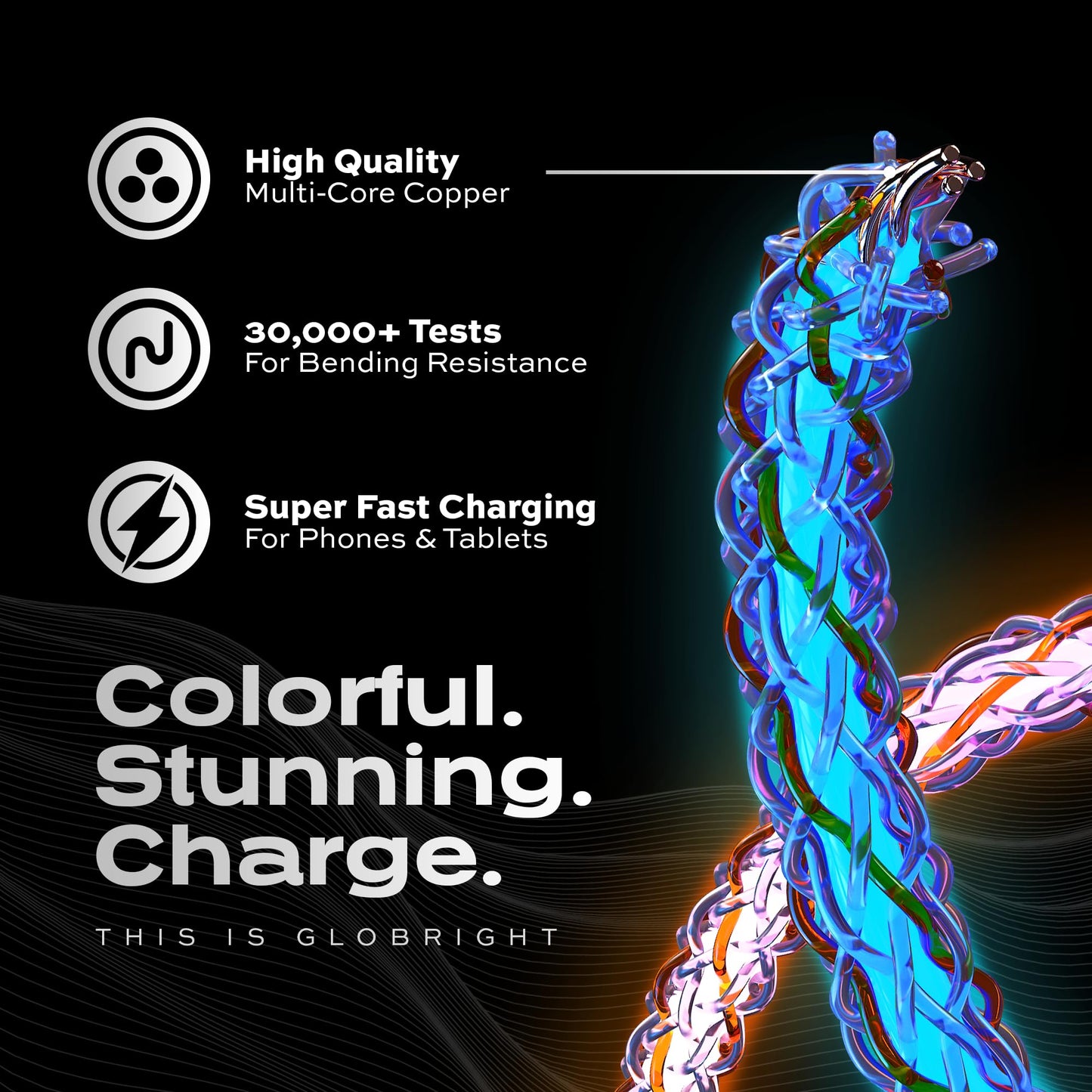 Statik Globright Braided Light Up Charger - Glowing & Durable LED Phone Charger w Enabled Data Transfer - 100W Fast Charger Magnetic Charging Cable w Unbreakable 6ft Nylon Cord, USB-C to i-Product