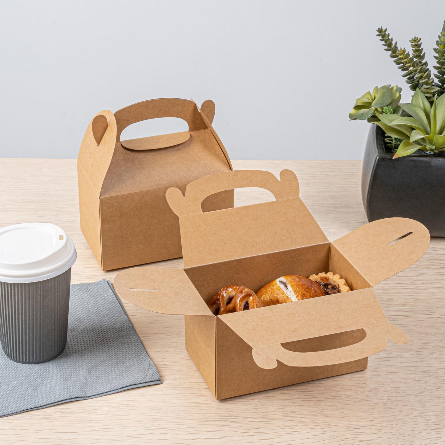 Restaurantware Kraft Gable Boxes 25 Count 6 x 3.5 x 3.5 Inches Paper Gift Boxes Greaseproof With Handles Recyclable Favor Boxes For Birthdays Weddings Baby Showers Brown