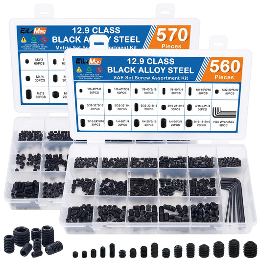 EilxMag 1130PCS Set Screws, 32 Sizes Metric & SAE Set Screw Assortment Kit, Allen Head Hex Socket Head Grub Screws for Bathroom Fixtures, Door Handles, Alloy Steel Black (M3-M8, 1/8"-40 to 5/16"-18)