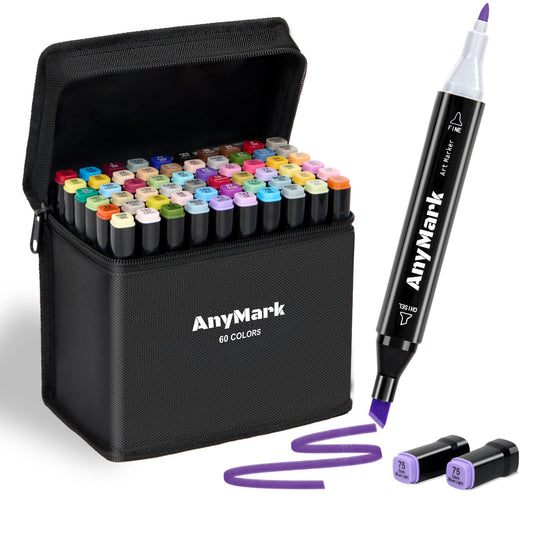 AnyMark Alcohol Markers, 60 Colors Alcohol Markers Set, Dual Tips Alcohol-Based Art Markers for Adult Drawing Coloring Sketch, Chisel & Fine Tips, Black Penholder