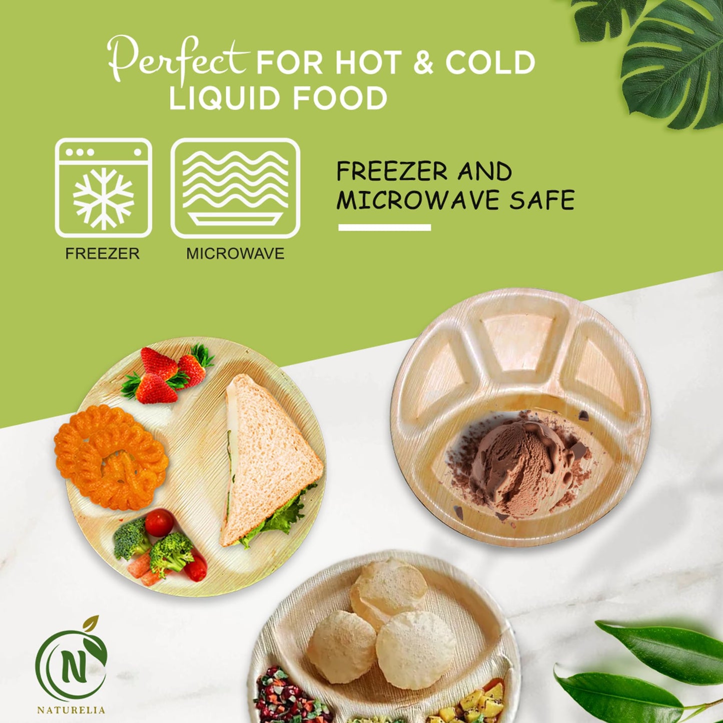 Naturelia 100% Compostable 12-Inch Palm Leaf Disposable 4 Partition Plates- Elegant, 100% Biodegradable, Natural & Eco Friendly, Wedding, Party, Picnic & Event Partition Plates