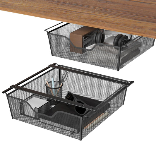 Under Desk Drawer Organizer No Drilling 2 Pack Under Table Storage Drawers Slide Out Mesh Metal Under Desk Hidden Adhesive Drawer for Office Kitchen