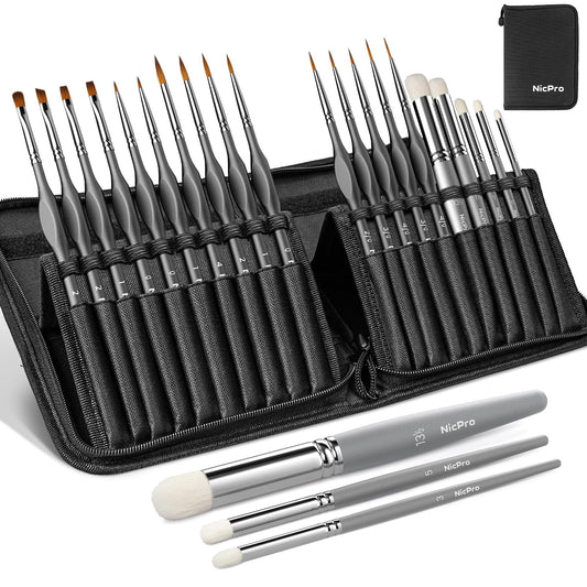 Nicpro Small Detail Paint Brush Drybrush Kit - 20PCS Model Miniature Painting for Fine Detailing & Art Oil - Watercolor & Figurine Tips, Paint by Number, Model Rock Painting, Dark - with Nylon Case