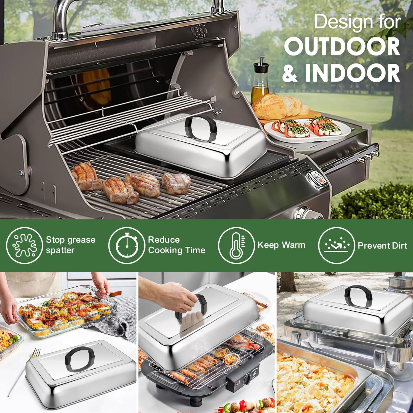 2Pcs 13 x 9.8" Basting Cover for Griddle, Joyfair Rectangular Cheese Melting Dome, Stainless Steel Melt Lid for Outdoor Flat Top Grill, Heat-Resistant Handle & Dishwasher Safe (No Vent)