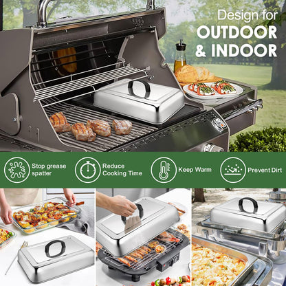 2Pcs 13 x 9.8" Basting Cover for Griddle, Joyfair Rectangular Cheese Melting Dome, Stainless Steel Melt Lid for Outdoor Flat Top Grill, Heat-Resistant Handle & Dishwasher Safe (No Vent)