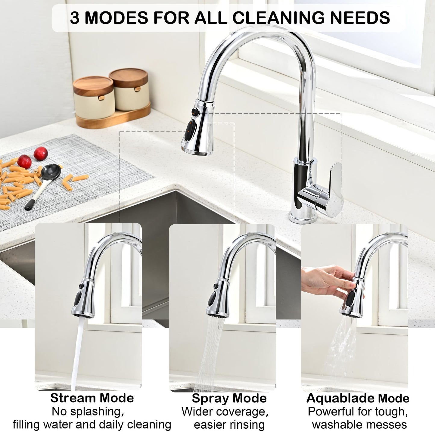 OJODJFAS Kitchen Faucet Head Replacement Polished Chrome,Universal ABS Sink Faucet Head,3 Function Pull Down Spray Nozzle with 15 Adapter,Fits Moen,Delta,Kohler,WEWE,Grohe American Standard Faucet