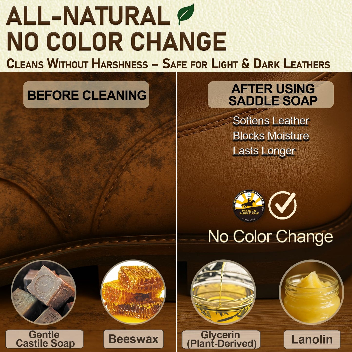 Saddle Soap for Leather – All-Natural 3-in-1 Leather Cleaner & Conditioner Kit with Horsehair Brush & Cloth – For Boots, Bags, Saddles, Car Interiors, Shoes 3.52oz