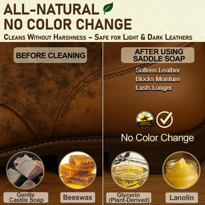 Saddle Soap for Leather – All-Natural 3-in-1 Leather Cleaner & Conditioner Kit with Horsehair Brush & Cloth – For Boots, Bags, Saddles, Car Interiors, Shoes 3.52oz