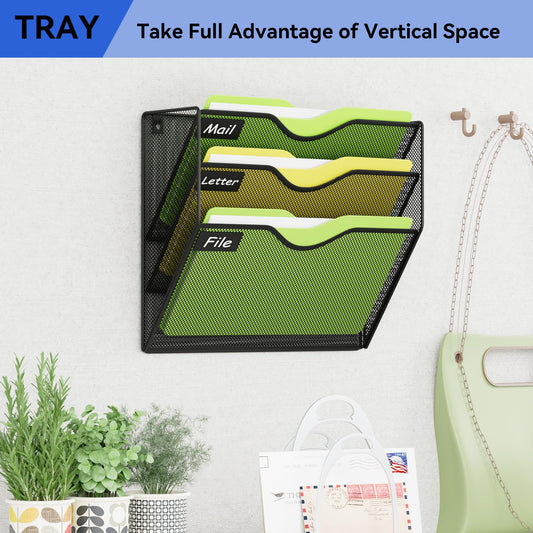 GDINDINFAN 3 Pockets Mesh Hanging Wall File Holder Organizer Wall Mounted Paper Magazine Rack, Black