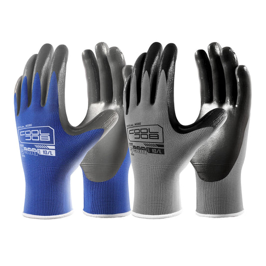 COOLJOB Work Gloves for Men & Women, 10 Pairs Thick Nitrile Rubber Coated, Latex Free, Oil Resistant, Bulk Pack, Non-slip Plam with Grip for Construction, Mechanics, Gardening, Blue, Gray, Large