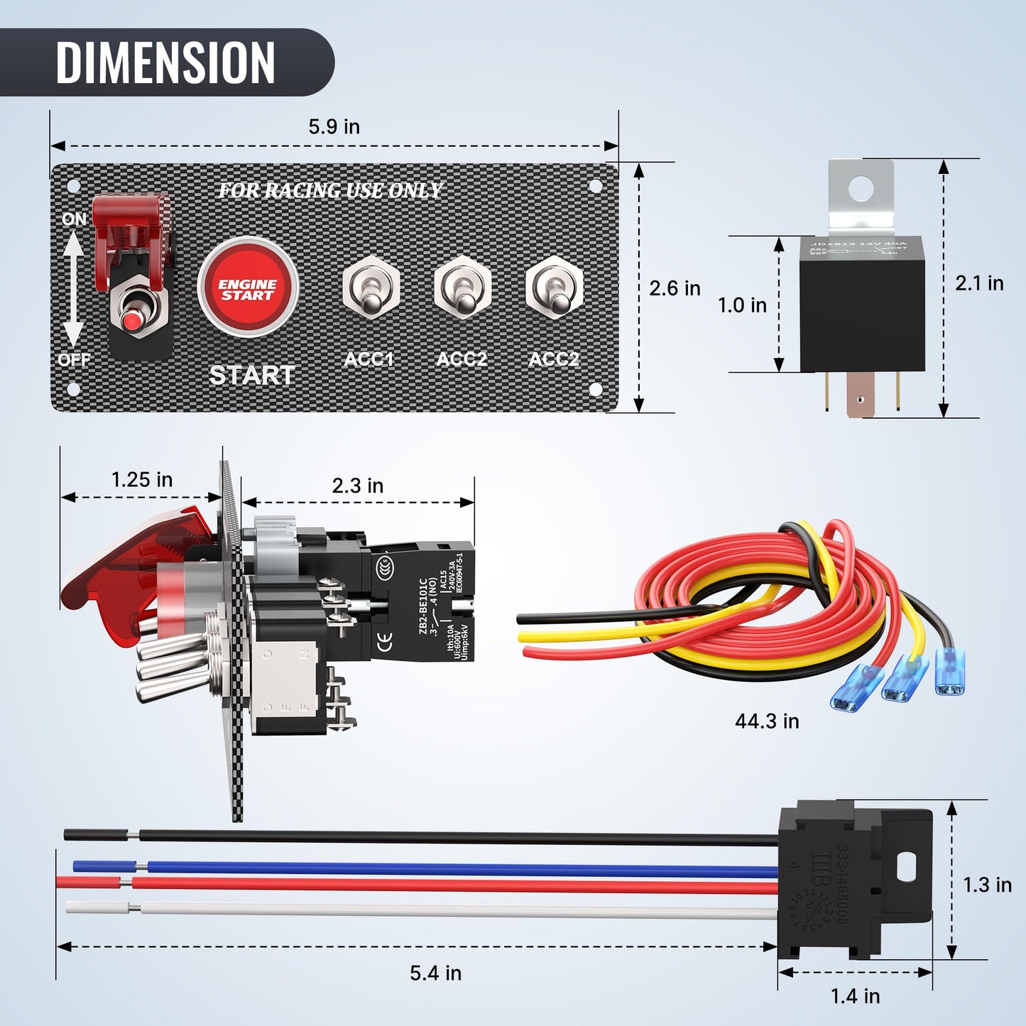 RVBOATPAT 5 in 1 Ignition Switch Panel Race Toggle Switch Panel DC 12V 30A Racing Switch Panel Push Start Ignition Kit for Car Truck