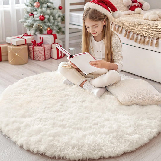 OLANLY Cream White Round Rugs for Bedroom, 4 Ft Machine Washable Circle Area Rugs for Living Room, Non-Slip Fluffy Carpet for Teen Girls and Boys, Dorms, Nursery Rooms, Home Decor Aesthetic