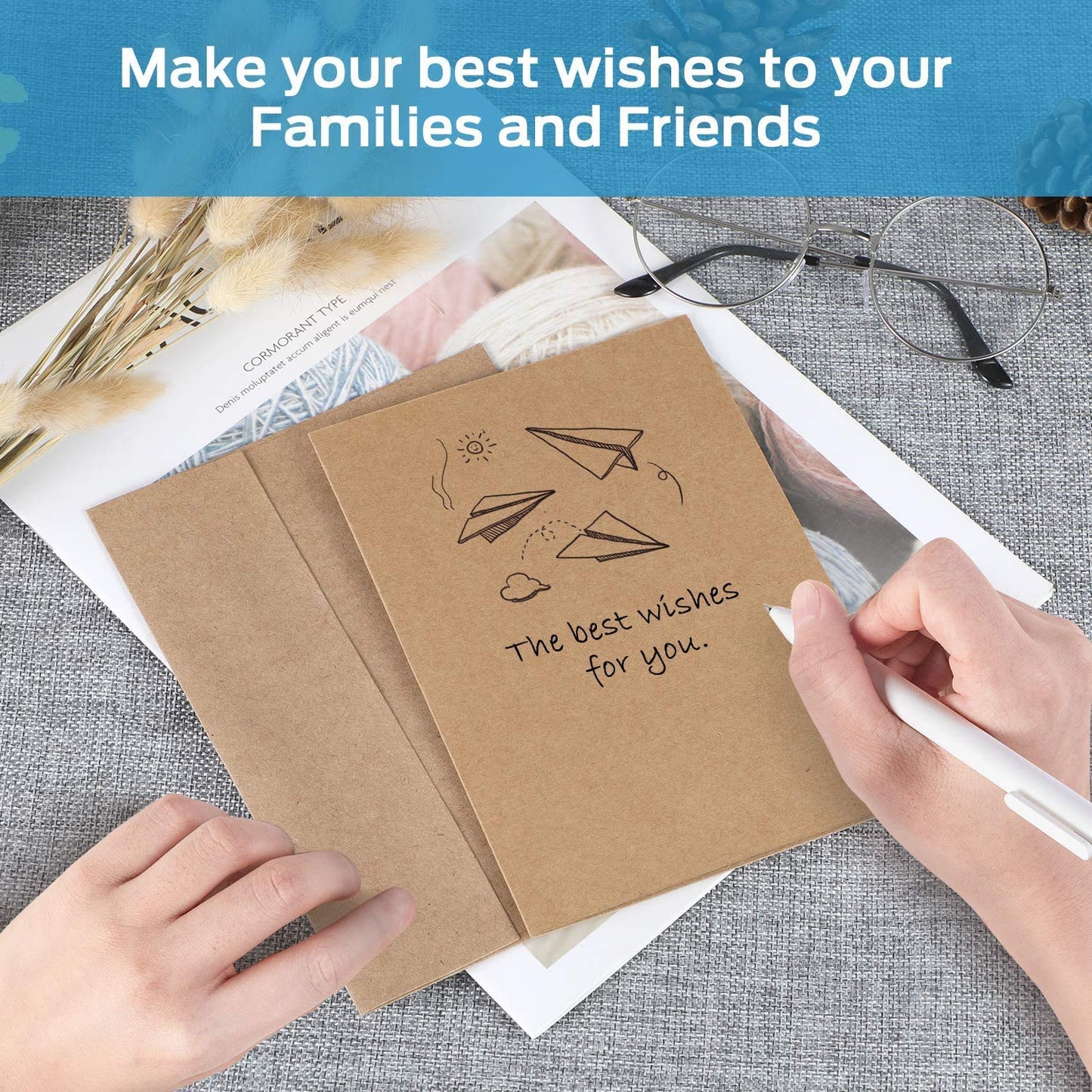 Ohuhu Blank Cards and Envelopes 50 Pack, 25 White+ 25 Kraft, 5 x 7 Heavyweight Folded Cardstock and A7 Envelopes for DIY, Birthday, Thank You & All Occasion Cards