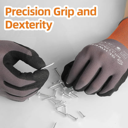 Schwer Lite Sandy Nitrile Coated Work Gloves LT5626, Work Gloves with Grip Touch Screen Compatible for General Purposes Automotive Electronic Assembly, Grey, L, 6 Pairs