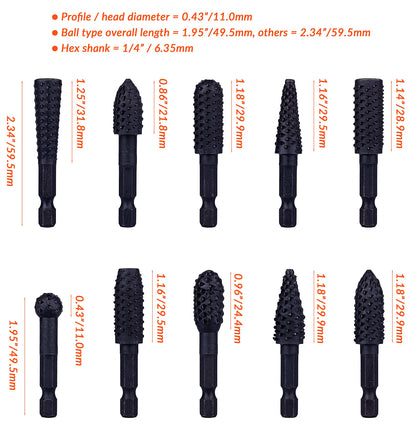 NordWolf 10-Piece Rotary Burr Wood Carving Rasp Files Set, with 1/4" Hex Shank for Wood & Rubber Deburring, Shaping and Grooving