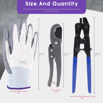 Swpeet 4Pcs PEX Ring Removal Tool Kit, PEX-1210C Crimp Ring Removal Tool and Pex Pipe Cutter with 1 Pairs Cut Resistant Gloves for 1/2-Inch, 3/4-Inch, 1-Inch F1807 Copper Crimp Rings