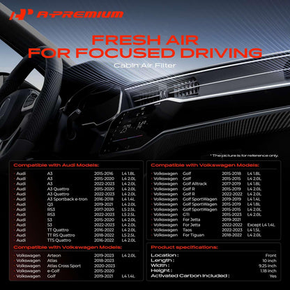 A-Premium Cabin Air Filte with Activated Carbon - Compatible with Audi & Volkswagen Models - A3, A3 Quattro, Q3, S3, TT Quattro, Jetta, Golf, Tiguan, Atlas, GTI