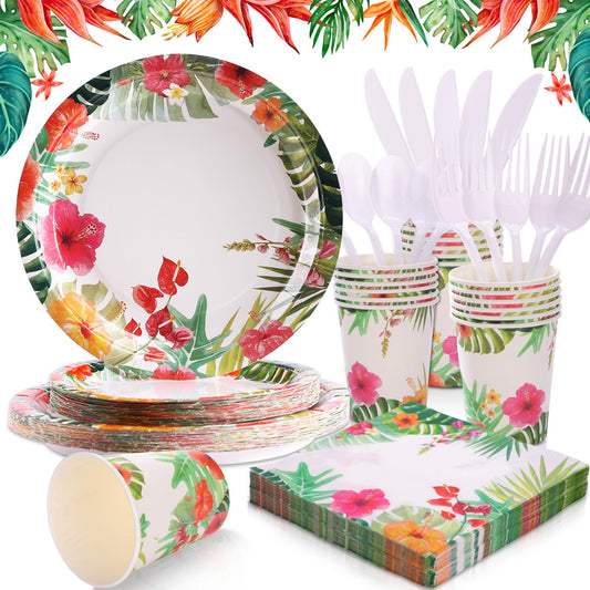SIMYFOIN Hawaiian Tropical Beach Theme Party Decorations Disposable Floral Paper Plates and Napkins Set for 24 Guest Beach Luau Birthday Summer Paper Plate Tableware