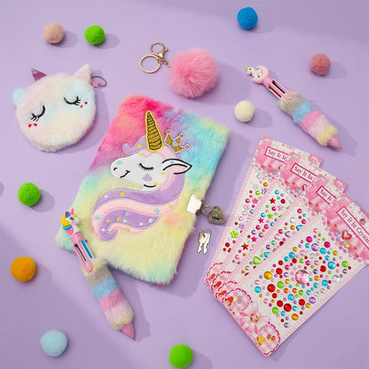 Unicorn Diary with Lock Key Fluffy Secret Notebook Travel Journal With Wallet Pen Stickers Bracelet Fluffy Keyring, Unicorn Toys Gifts for Girls Kids Birthday Christmas