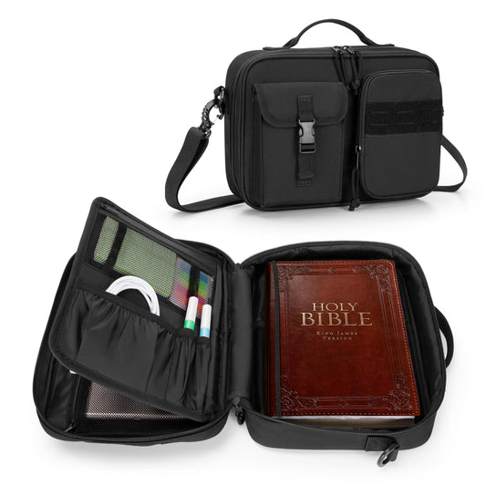 Damero Bible Cover for Men Women, Bible Carrying Case Church Bag with Pockets and Shoulder Strap, Black (Patent Pending)