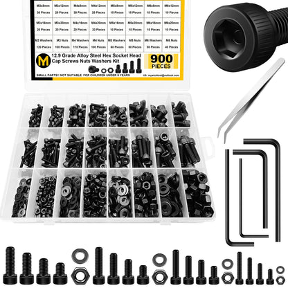 Mywish 900Pcs M3 M4 M5 M6 Metric Screws Assortment, Grade 12.9 Alloy Steel, Nuts and Bolts Hex Socket Head Cap Metric Bolts & Nuts & Flat Washers Kit, Black Zinc Plated, Anti Rust Machine Screws