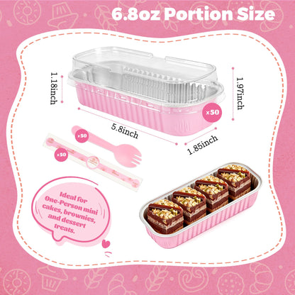 NPLUX 50 Pack Mini Cake Pans with Lids and Spoons Rectangular Aluminum Foil Baking Pans Mini Cheesecake Containers Mothers Day Gifts Party Favors(6.8oz)