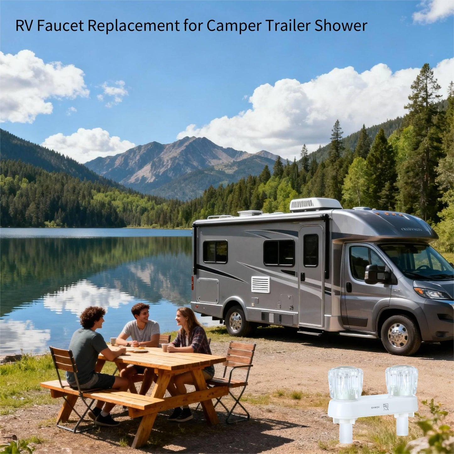 OYMOV RV Shower Faucet - 4'' Camper Faucet, RV Valve Mixer Diverter Replacement with 2 Knob Handles for Indoor and Outdoor Shower, White