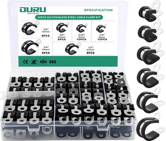 OURU 56PCS Cable Clamps Assortment Kit,6 Sizes—1/4" 5/16" 3/8" 1/2" 5/8" 3/4" Stainless Steel Rubber Coated Cushioned Insulated Cable Clamp,Automotive Cable Wire Clamps,Pipe Clamps,Metal Clamp
