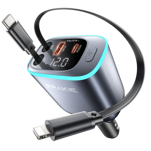 Retractable Car Charger 4 in 1 Car Phone Charger with Led Light USB C Fast Charger for Car with 2 Retractable Cables and 2 USB Ports Compatible with i Phone 17/16/15/14/13/iPad Galaxy S25/24 Android