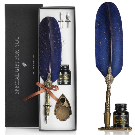 VANGOAL Vintage Carving Feather Pen Set, Glittering Quill Set Antique Calligraphy Writing Dip with Ink, 2 Replacement Nibs, Stand Base, Luxury Signature (Blue)