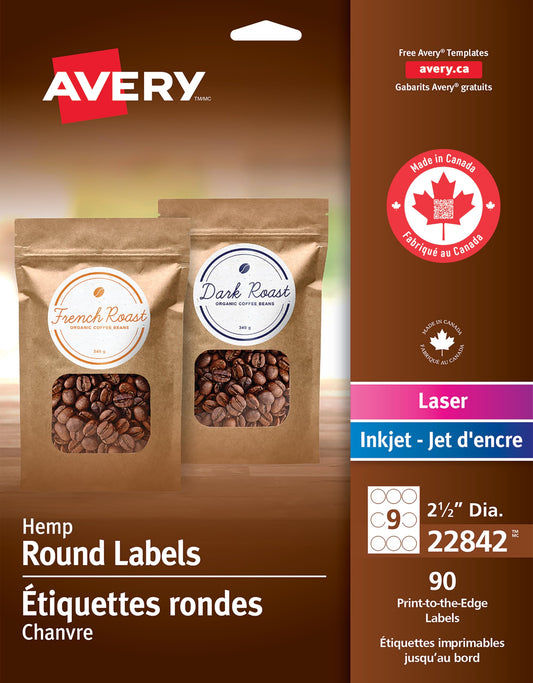 Avery Hemp Round Labels, 2.5" Label, for Inkjet/Laser Printer, 90 Print to Edge Permanent Label, Apply on Organic/Natural Goods, Health/Beauty, Candles, (22842) Made in Canada
