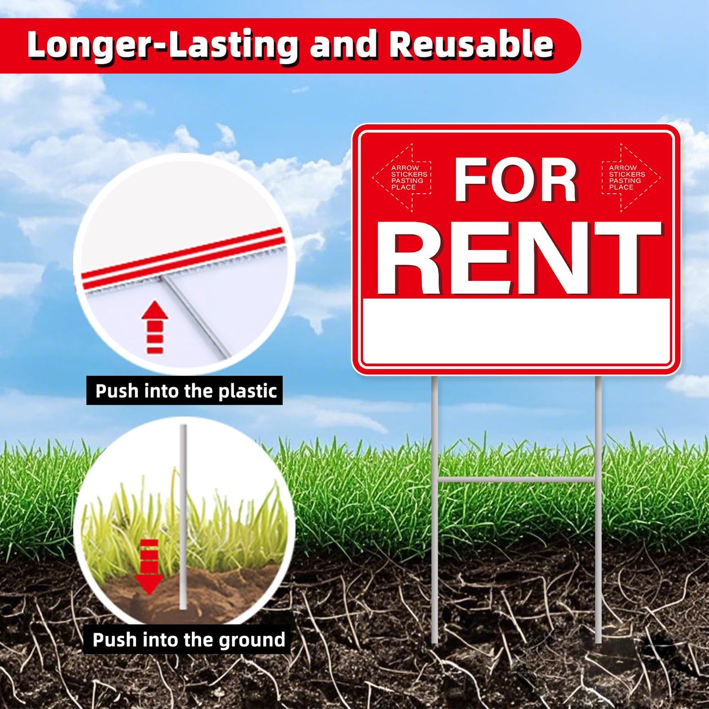 GXGGUS For Rent Signs with Stand,2 PCS 17" x 13" Double-Sided Yard Signs with Arrow Stickers Pricing Stickers, House Car Rental Supplies