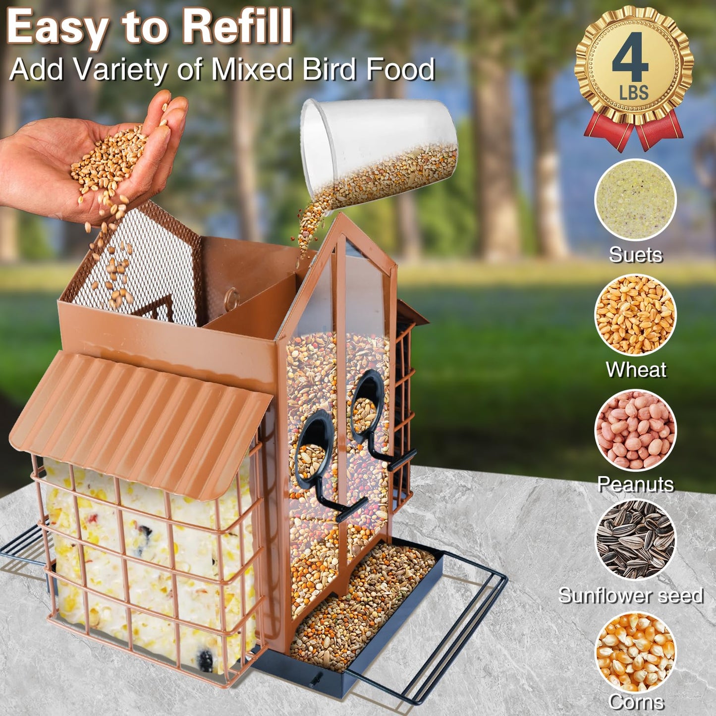TayePin Bird Feeders for Outdoors Hanging, Metal Wild Bird Feeders with Double Suet Cage, 4LBS Large Capacity for Outside Garden Waterproof, ldeal Gifts for Birds Watching Finch Cardinal, Brown