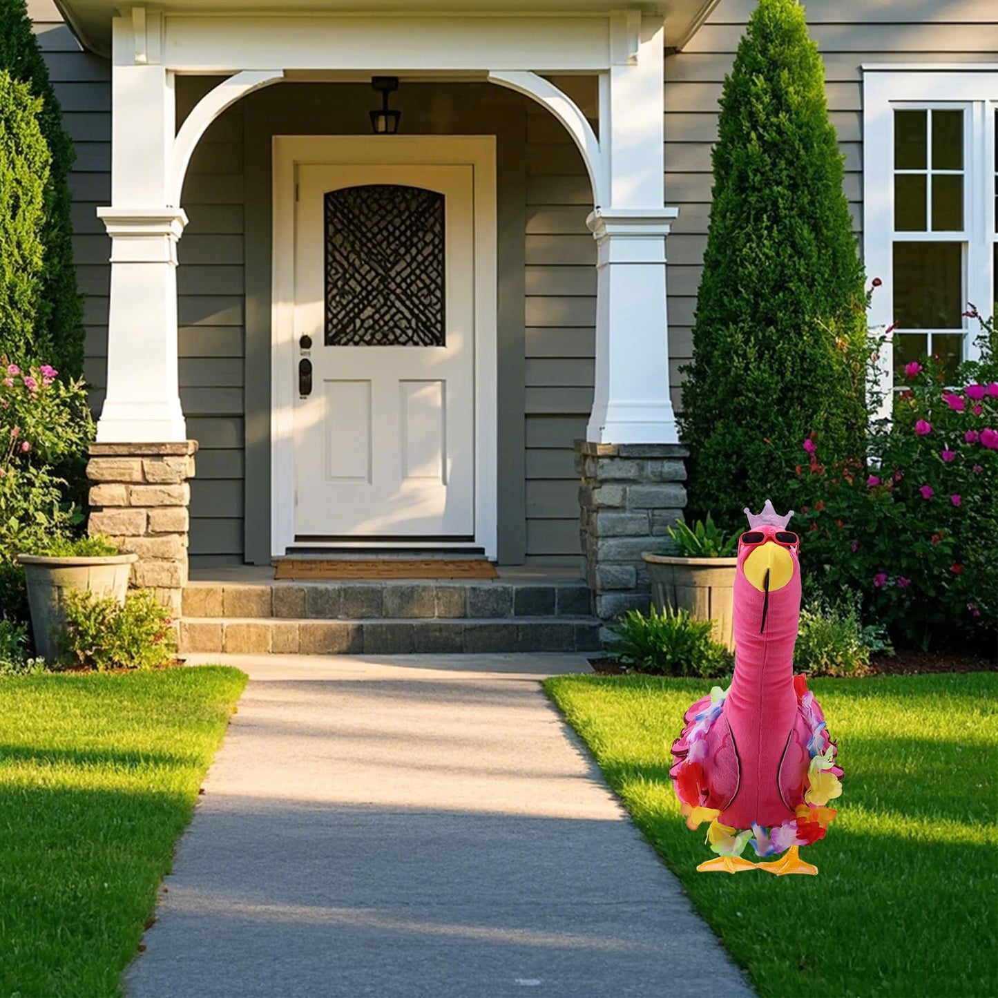 Lyreh Porch Goose Flamingo Outfit, SummerCostume with Wreath & Lawn Statue Clothes for Outdoor Patio Yard Garden Decoration