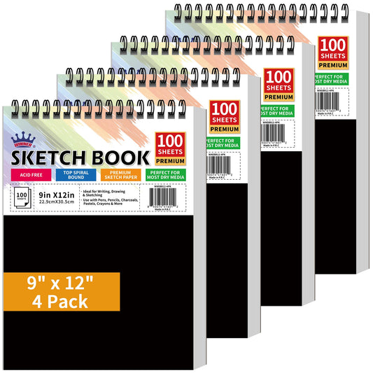 WINNER 9" x 12" Sketch Book 4 Pack, 400 Sheets Spiral Bound Art Sketchbook, 68lb/100gsm White Acid Free Drawing Pad, Sketching Drawing Writing Sketch Pad, Art Supplies for School, Kids, Adults &Teens