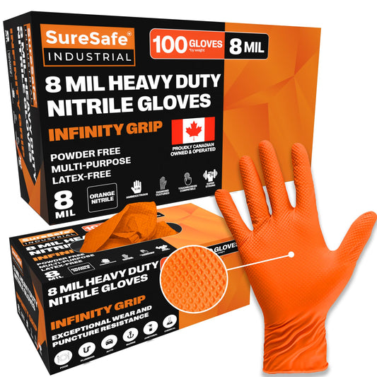 [100 Pack] SURESAFE 8 Mil Nitrile Gloves Large, Orange Mechanic Gloves Disposable Heavy Duty, Powder & Latex Free, Diamond Grip, Fully Textured & Ribbed, For Work, Mechanics, Plumbing, Food Prep